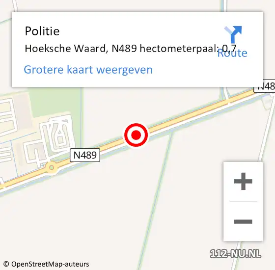 Locatie op kaart van de 112 melding: Politie Hoeksche Waard, N489 hectometerpaal: 0,7 op 15 augustus 2023 07:26