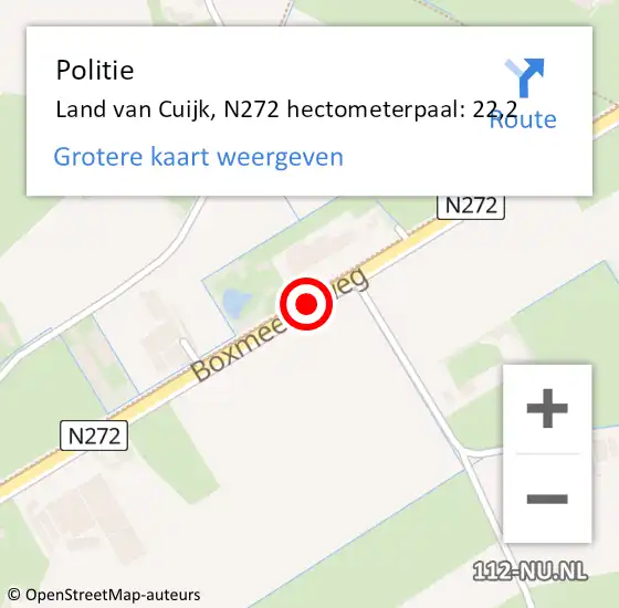 Locatie op kaart van de 112 melding: Politie Land van Cuijk, N272 hectometerpaal: 22,2 op 15 augustus 2023 08:08