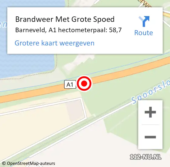 Locatie op kaart van de 112 melding: Brandweer Met Grote Spoed Naar Barneveld, A1 hectometerpaal: 58,7 op 15 augustus 2023 08:30