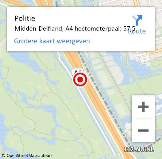 Locatie op kaart van de 112 melding: Politie Midden-Delfland, A4 hectometerpaal: 57,5 op 15 augustus 2023 08:46