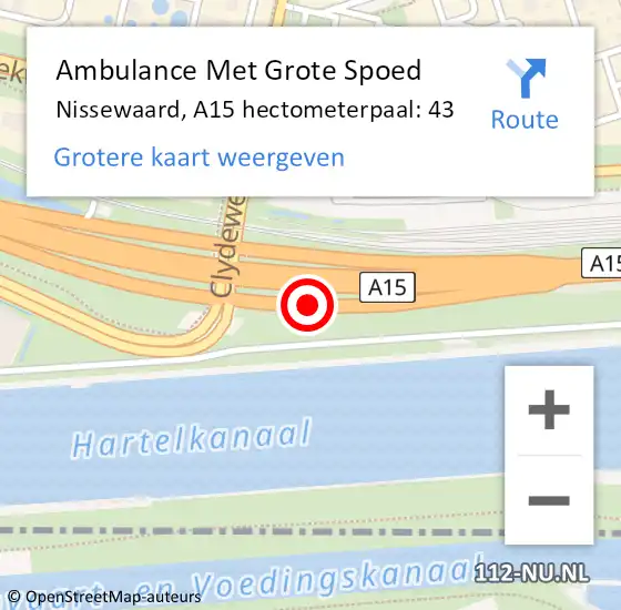 Locatie op kaart van de 112 melding: Ambulance Met Grote Spoed Naar Nissewaard, A15 hectometerpaal: 43 op 15 augustus 2023 09:58