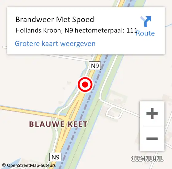 Locatie op kaart van de 112 melding: Brandweer Met Spoed Naar Hollands Kroon, N9 hectometerpaal: 111 op 15 augustus 2023 10:55