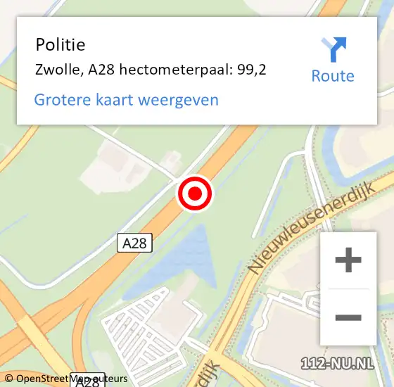 Locatie op kaart van de 112 melding: Politie Zwolle, A28 hectometerpaal: 99,2 op 15 augustus 2023 13:48