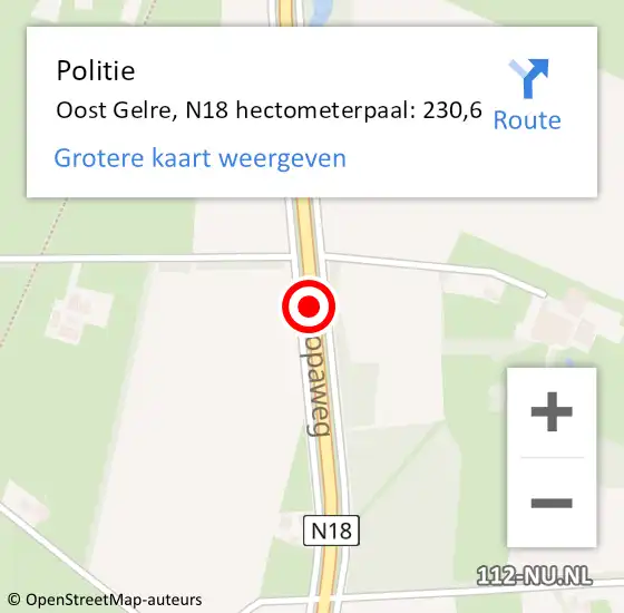 Locatie op kaart van de 112 melding: Politie Oost Gelre, N18 hectometerpaal: 230,6 op 15 augustus 2023 14:05