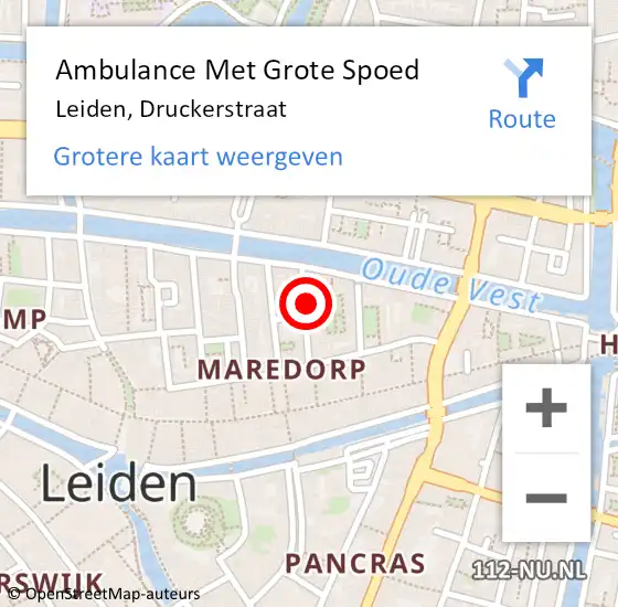 Locatie op kaart van de 112 melding: Ambulance Met Grote Spoed Naar Leiden, Druckerstraat op 15 augustus 2023 15:17