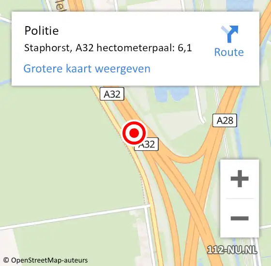 Locatie op kaart van de 112 melding: Politie Staphorst, A32 hectometerpaal: 6,1 op 15 augustus 2023 16:49