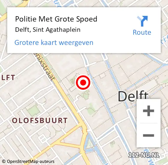 Locatie op kaart van de 112 melding: Politie Met Grote Spoed Naar Delft, Sint Agathaplein op 15 augustus 2023 18:48