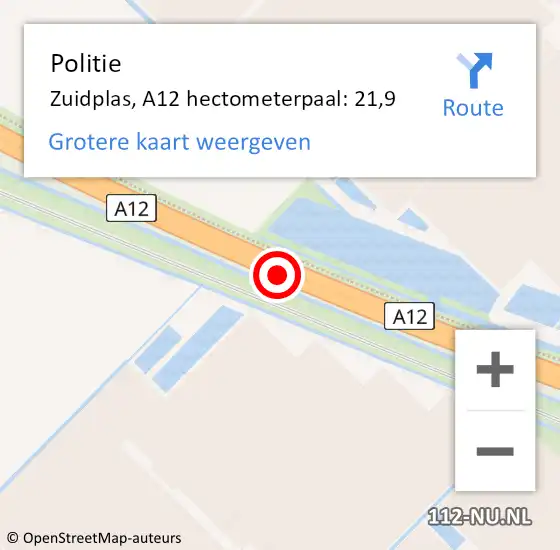 Locatie op kaart van de 112 melding: Politie Zuidplas, A12 hectometerpaal: 21,9 op 15 augustus 2023 18:53