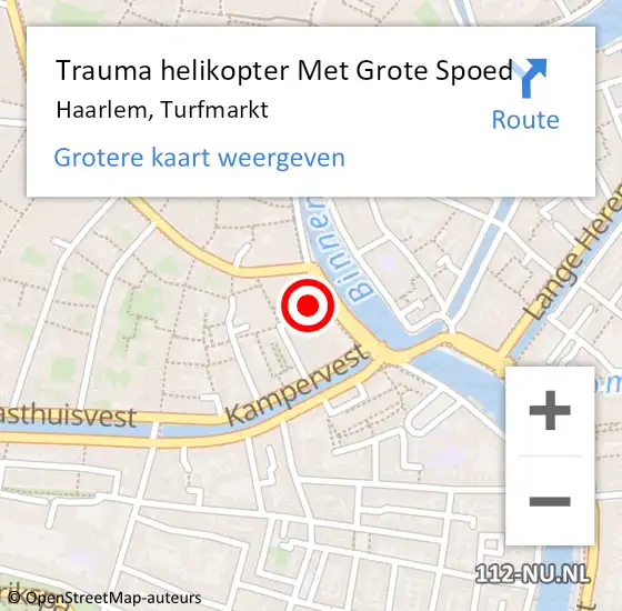 Locatie op kaart van de 112 melding: Trauma helikopter Met Grote Spoed Naar Haarlem, Turfmarkt op 15 augustus 2023 19:23