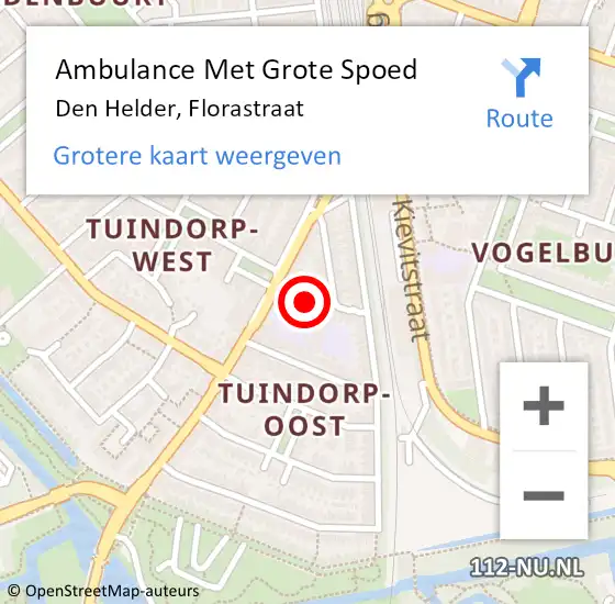 Locatie op kaart van de 112 melding: Ambulance Met Grote Spoed Naar Den Helder, Florastraat op 15 augustus 2023 20:32