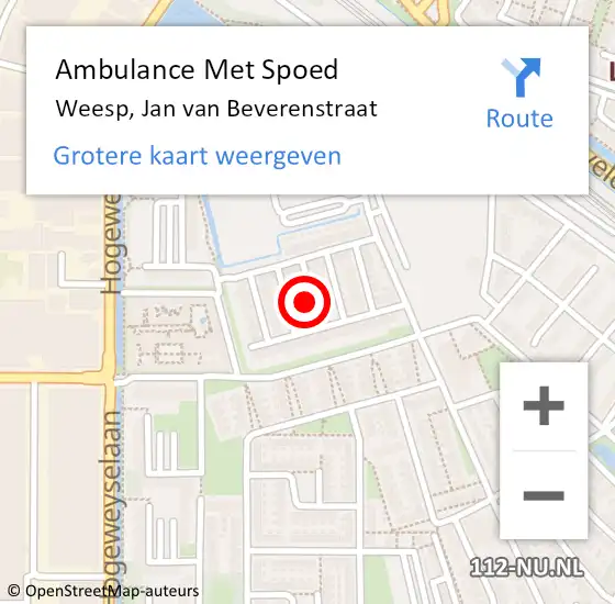 Locatie op kaart van de 112 melding: Ambulance Met Spoed Naar Weesp, Jan van Beverenstraat op 15 augustus 2023 21:05