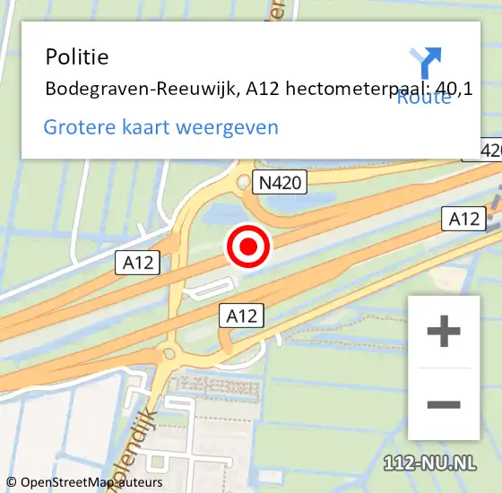 Locatie op kaart van de 112 melding: Politie Bodegraven-Reeuwijk, A12 hectometerpaal: 40,1 op 15 augustus 2023 21:53