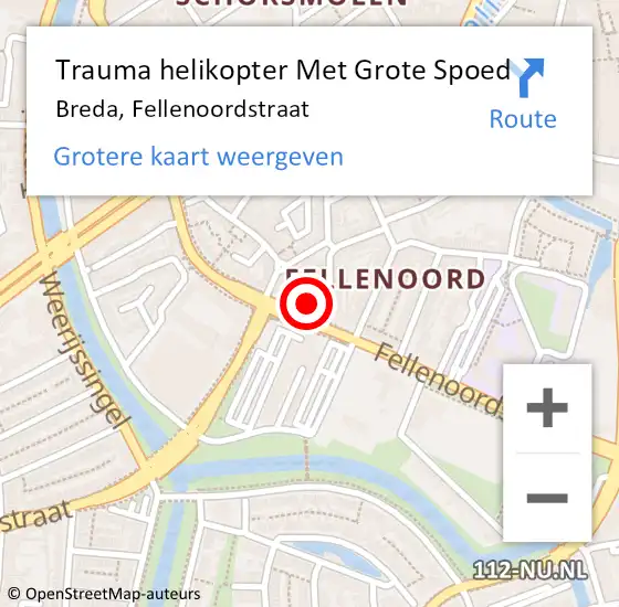 Locatie op kaart van de 112 melding: Trauma helikopter Met Grote Spoed Naar Breda, Fellenoordstraat op 16 augustus 2023 07:54