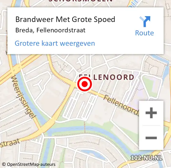 Locatie op kaart van de 112 melding: Brandweer Met Grote Spoed Naar Breda, Fellenoordstraat op 16 augustus 2023 07:57