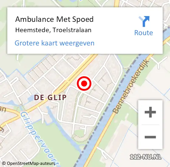 Locatie op kaart van de 112 melding: Ambulance Met Spoed Naar Heemstede, Troelstralaan op 16 augustus 2023 08:26