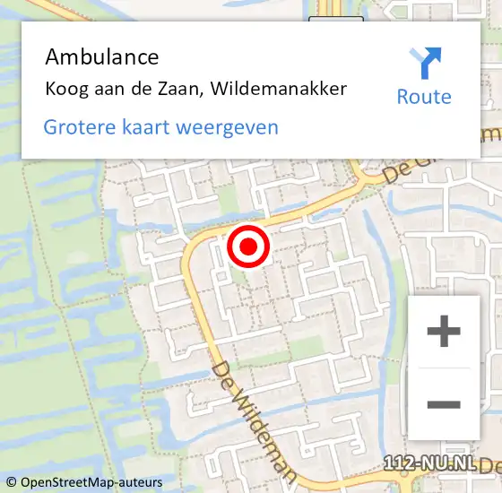 Locatie op kaart van de 112 melding: Ambulance Koog aan de Zaan, Wildemanakker op 16 augustus 2023 09:22
