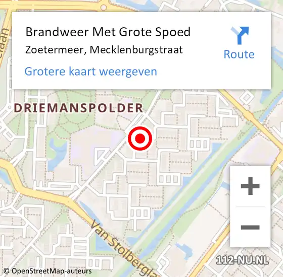 Locatie op kaart van de 112 melding: Brandweer Met Grote Spoed Naar Zoetermeer, Mecklenburgstraat op 16 augustus 2023 09:42