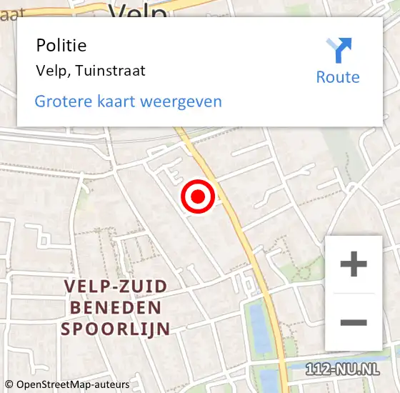 Locatie op kaart van de 112 melding: Politie Velp, Tuinstraat op 16 augustus 2023 10:57