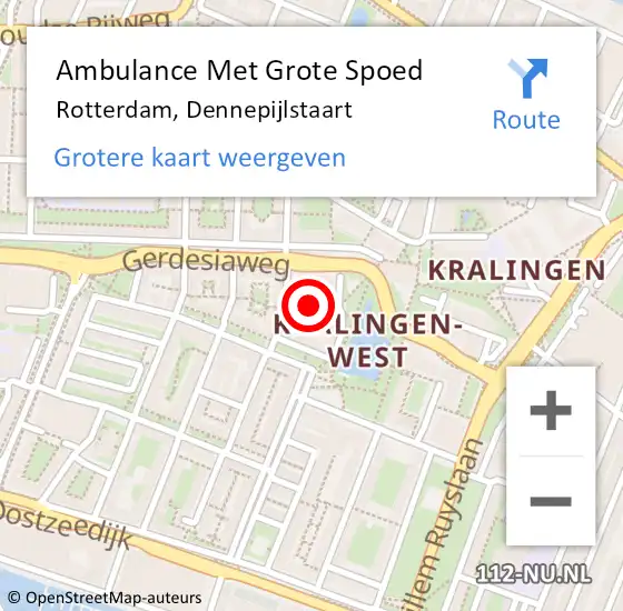 Locatie op kaart van de 112 melding: Ambulance Met Grote Spoed Naar Rotterdam, Dennepijlstaart op 16 augustus 2023 13:52