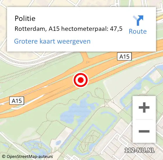 Locatie op kaart van de 112 melding: Politie Rotterdam, A15 hectometerpaal: 47,5 op 16 augustus 2023 15:02