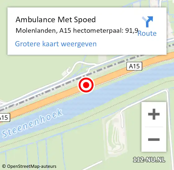 Locatie op kaart van de 112 melding: Ambulance Met Spoed Naar Molenlanden, A15 hectometerpaal: 91,9 op 16 augustus 2023 17:36