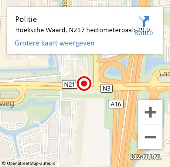 Locatie op kaart van de 112 melding: Politie Hoeksche Waard, N217 hectometerpaal: 29,9 op 16 augustus 2023 17:47