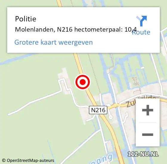 Locatie op kaart van de 112 melding: Politie Molenlanden, N216 hectometerpaal: 10,4 op 16 augustus 2023 18:24