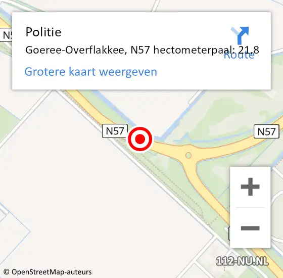 Locatie op kaart van de 112 melding: Politie Goeree-Overflakkee, N57 hectometerpaal: 21,8 op 16 augustus 2023 19:27