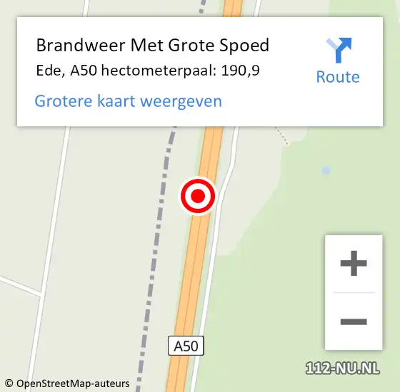 Locatie op kaart van de 112 melding: Brandweer Met Grote Spoed Naar Ede, A50 hectometerpaal: 190,9 op 16 augustus 2023 20:50