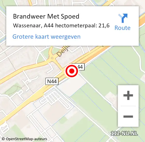 Locatie op kaart van de 112 melding: Brandweer Met Spoed Naar Wassenaar, A44 hectometerpaal: 21,6 op 16 augustus 2023 21:06