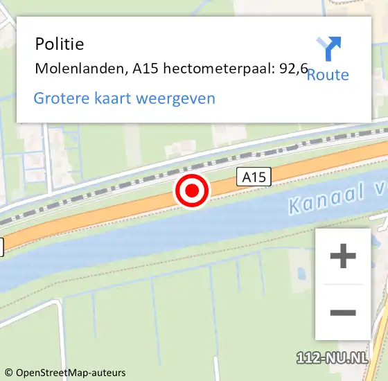 Locatie op kaart van de 112 melding: Politie Molenlanden, A15 hectometerpaal: 92,6 op 16 augustus 2023 22:50