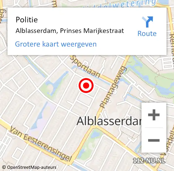 Locatie op kaart van de 112 melding: Politie Alblasserdam, Prinses Marijkestraat op 17 augustus 2023 07:40