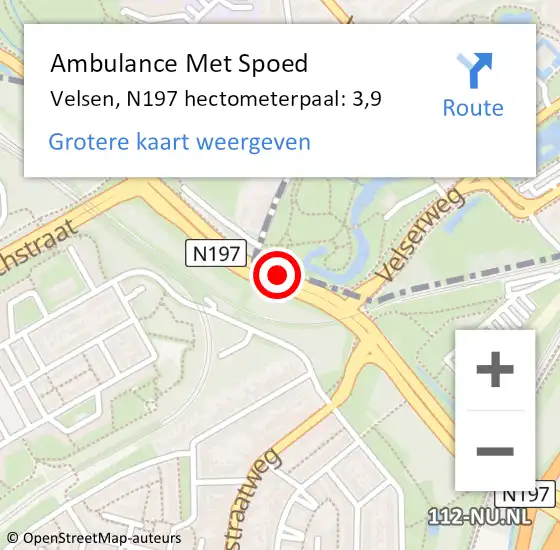 Locatie op kaart van de 112 melding: Ambulance Met Spoed Naar Velsen, N197 hectometerpaal: 3,9 op 17 augustus 2023 12:52