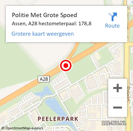 Locatie op kaart van de 112 melding: Politie Met Grote Spoed Naar Assen, A28 hectometerpaal: 178,8 op 17 augustus 2023 16:41