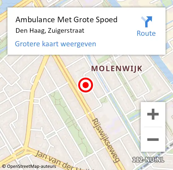 Locatie op kaart van de 112 melding: Ambulance Met Grote Spoed Naar Den Haag, Zuigerstraat op 17 augustus 2023 19:05