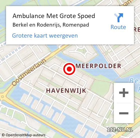 Locatie op kaart van de 112 melding: Ambulance Met Grote Spoed Naar Berkel en Rodenrijs, Romenpad op 17 augustus 2023 19:19