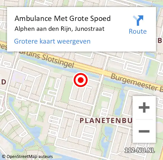 Locatie op kaart van de 112 melding: Ambulance Met Grote Spoed Naar Alphen aan den Rijn, Junostraat op 17 augustus 2023 19:31