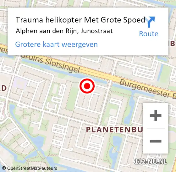 Locatie op kaart van de 112 melding: Trauma helikopter Met Grote Spoed Naar Alphen aan den Rijn, Junostraat op 17 augustus 2023 19:32