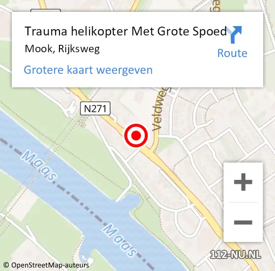 Locatie op kaart van de 112 melding: Trauma helikopter Met Grote Spoed Naar Mook, Rijksweg op 17 augustus 2023 19:52