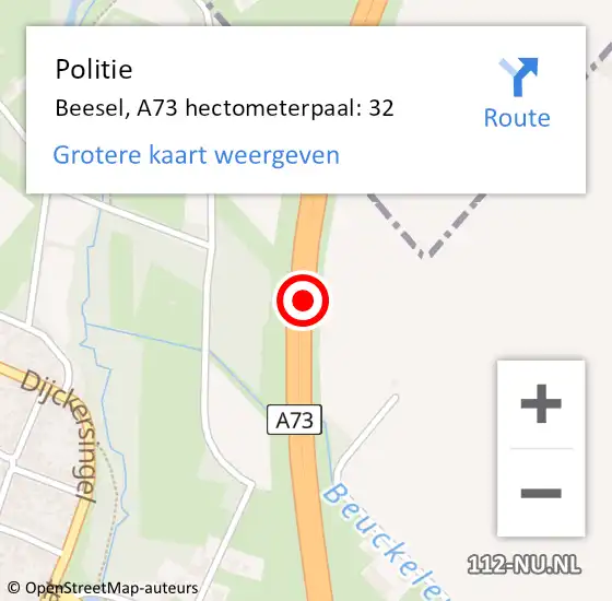 Locatie op kaart van de 112 melding: Politie Beesel, A73 hectometerpaal: 32 op 17 augustus 2023 20:06