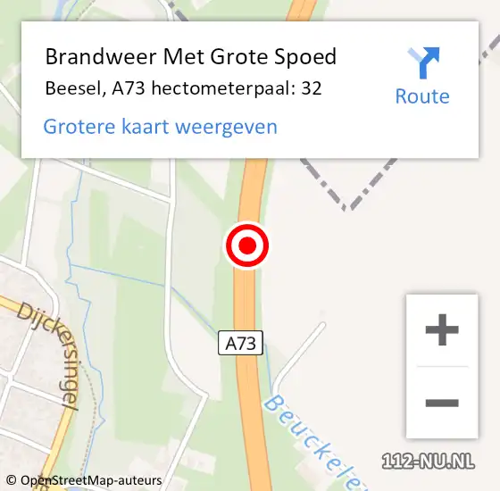 Locatie op kaart van de 112 melding: Brandweer Met Grote Spoed Naar Beesel, A73 hectometerpaal: 32 op 17 augustus 2023 20:06