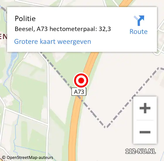 Locatie op kaart van de 112 melding: Politie Beesel, A73 hectometerpaal: 32,3 op 17 augustus 2023 20:07