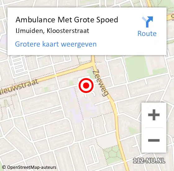 Locatie op kaart van de 112 melding: Ambulance Met Grote Spoed Naar IJmuiden, Kloosterstraat op 18 augustus 2023 00:21