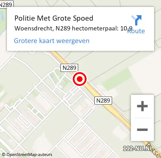 Locatie op kaart van de 112 melding: Politie Met Grote Spoed Naar Woensdrecht, N289 hectometerpaal: 10,9 op 18 augustus 2023 10:55