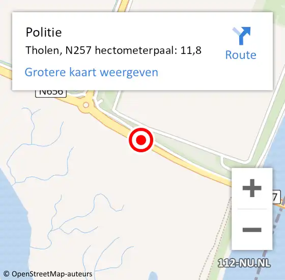 Locatie op kaart van de 112 melding: Politie Tholen, N257 hectometerpaal: 11,8 op 18 augustus 2023 13:50