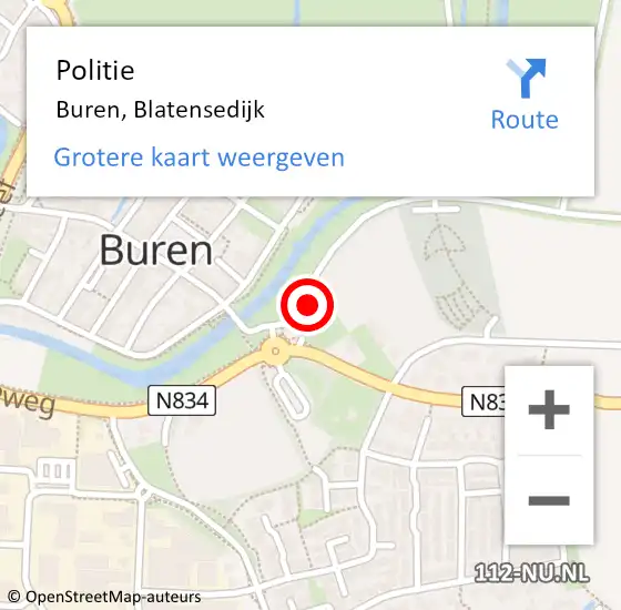 Locatie op kaart van de 112 melding: Politie Buren, Blatensedijk op 18 augustus 2023 14:58