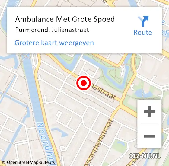 Locatie op kaart van de 112 melding: Ambulance Met Grote Spoed Naar Purmerend, Julianastraat op 18 augustus 2023 15:52