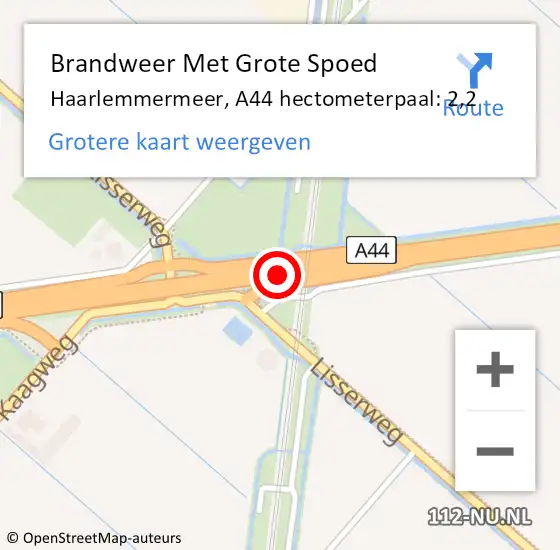 Locatie op kaart van de 112 melding: Brandweer Met Grote Spoed Naar Haarlemmermeer, A44 hectometerpaal: 2,2 op 18 augustus 2023 15:57