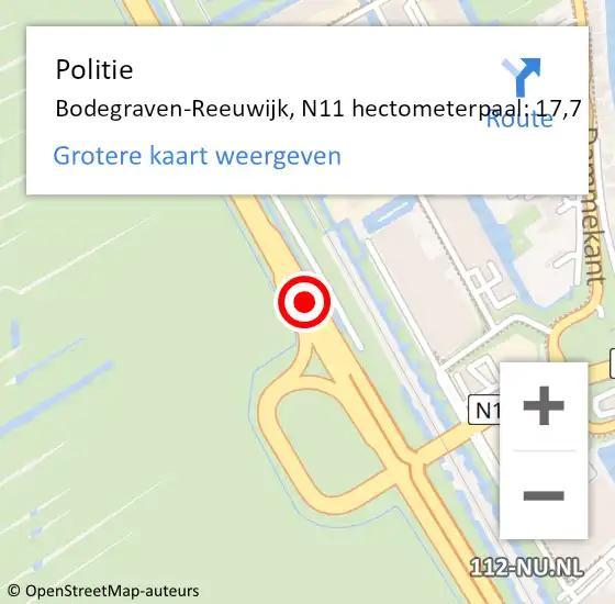 Locatie op kaart van de 112 melding: Politie Bodegraven-Reeuwijk, N11 hectometerpaal: 17,7 op 18 augustus 2023 17:08