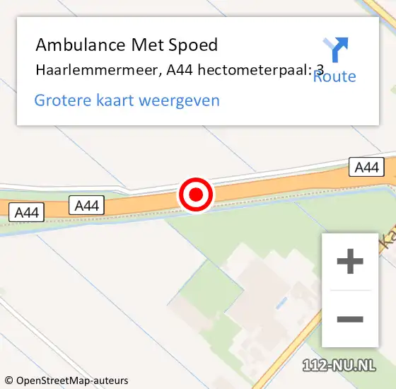 Locatie op kaart van de 112 melding: Ambulance Met Spoed Naar Haarlemmermeer, A44 hectometerpaal: 3 op 18 augustus 2023 18:13